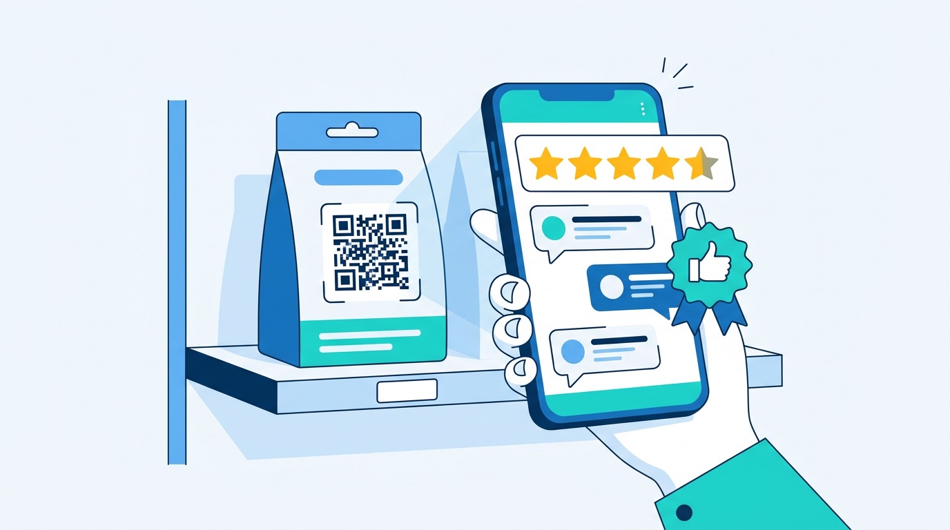 Shopper scanning a QR code on a product package in-store, with the smartphone showing five-star customer reviews and social proof badges