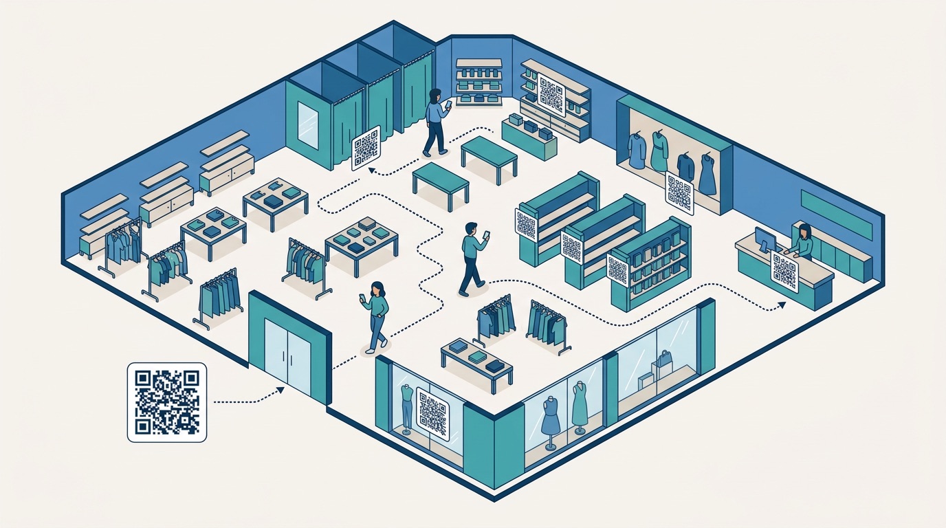 Isometric view of a retail store layout with QR codes placed at the entrance, shelf ends, fitting rooms, checkout, and window display for in-store navigation