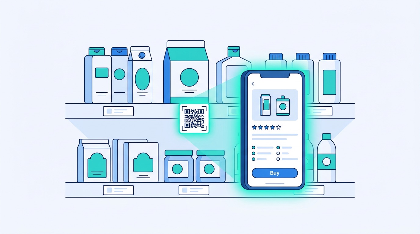Smartphone scanning a QR code on a retail shelf-edge label, displaying product details, star ratings, and a buy button on the phone screen