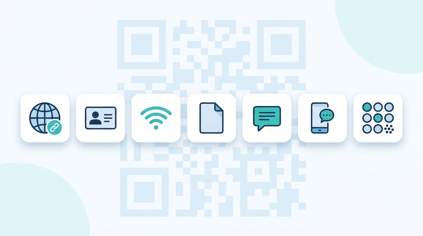 Illustrated overview of QR code types including URL, vCard, WiFi, PDF, SMS, WhatsApp and social media codes on a modern flat graphic