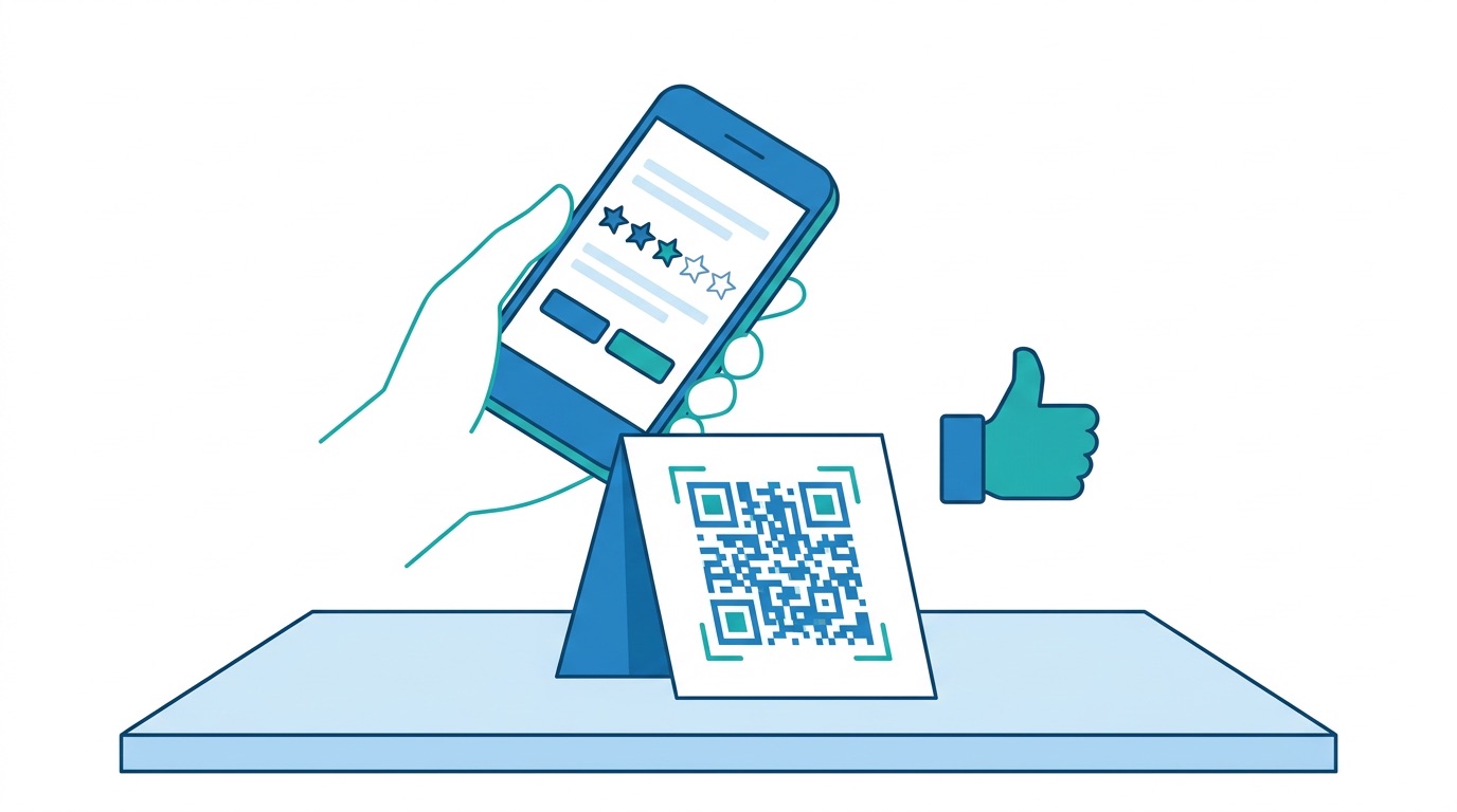 Restaurant table with a QR code tent card being scanned by a smartphone displaying a star-rating feedback form for instant customer reviews