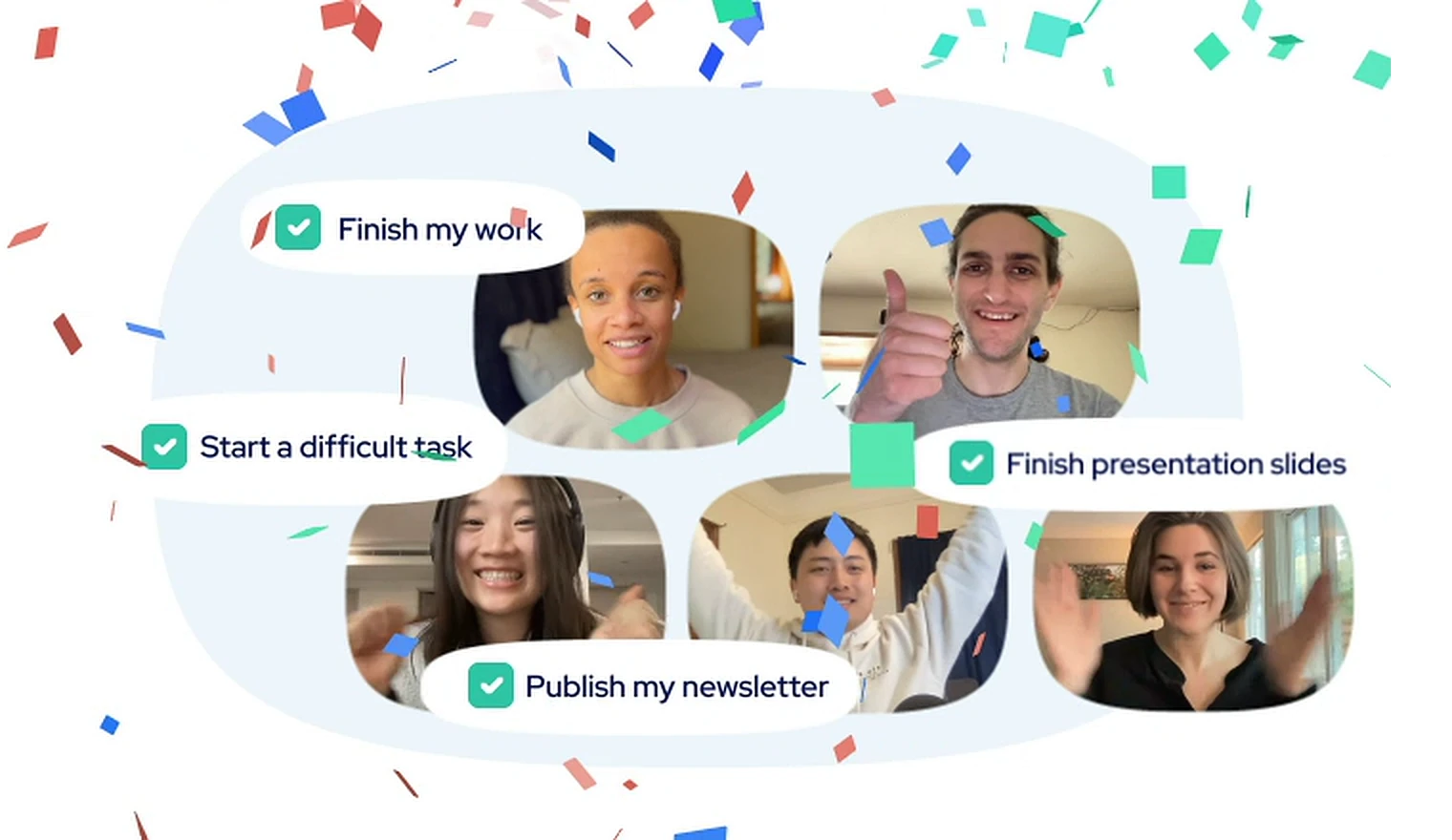 Flow Club members cheering on video as confetti falls and their checked-off goals appear: Finish my work, Start a difficult task, Finish presentation slides, Publish my newsletter