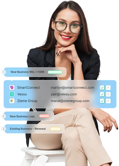 Smiling man in white shirt holding a tablet with a digital overlay showing deals: SmartConnect $120,500 Win-Back, Vexsu $15,250 At-Risk, and Zieme Group $67,300 Win-Back.