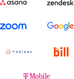 Logos of technology companies IBM, Zoom, Google, Tableau, Bill, and T-Mobile arranged in two columns.