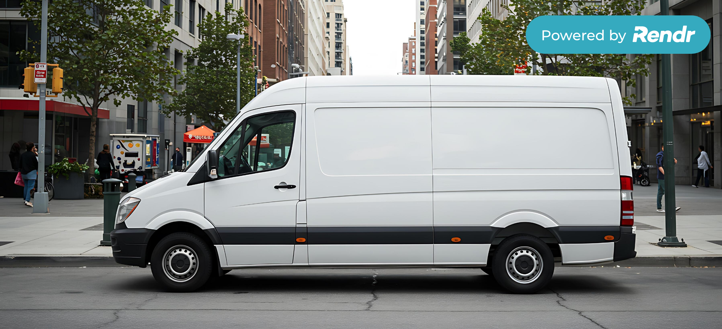 Delivery van driving through city street for courier shipping service