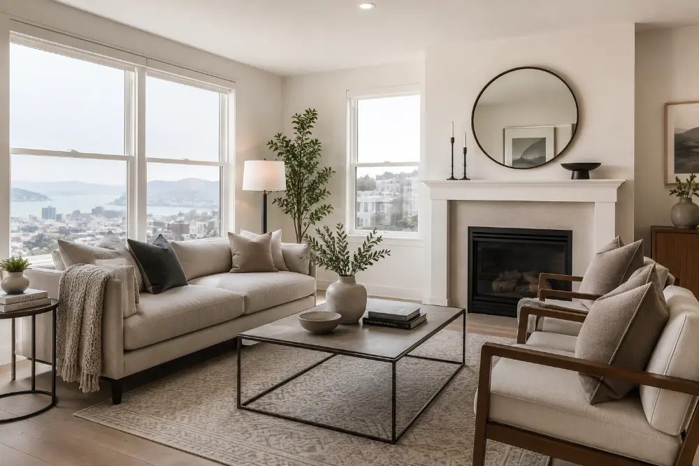 A beautifully staged Bay Area living room showing modern furniture, neutral tones, and natural light to illustrate professional staging results.