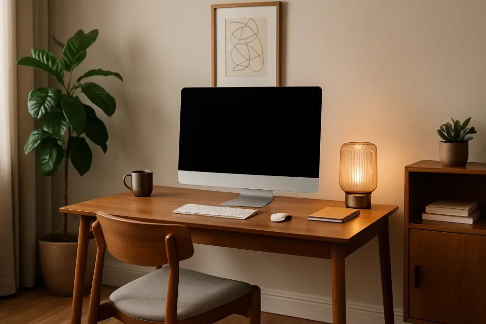 A staged home office or flex room with warm wood tones, a clean desk setup, and soft natural lighting to reflect 2026 design trends.