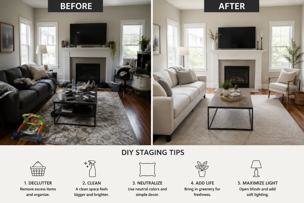 A before-and-after comparison of a living room showing a cluttered space versus the same room after basic DIY staging with neutral tones and clean surfaces.