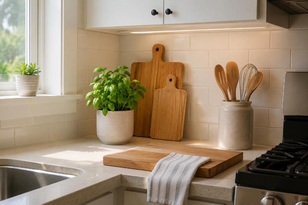 A well-staged small kitchen counter featuring a cutting board, a small herb plant, and a ceramic utensil holder arranged neatly against a bright subway tile backsplash