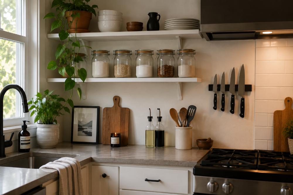 A small Bay Area kitchen showing common staging mistakes like countertop clutter, mismatched items, and poor lighting, used as an educational contrast image.