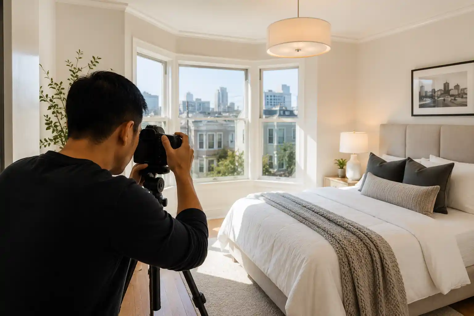 A professional photographer capturing a freshly staged San Francisco bedroom, illustrating the value of same-day in-house photography included with staging.