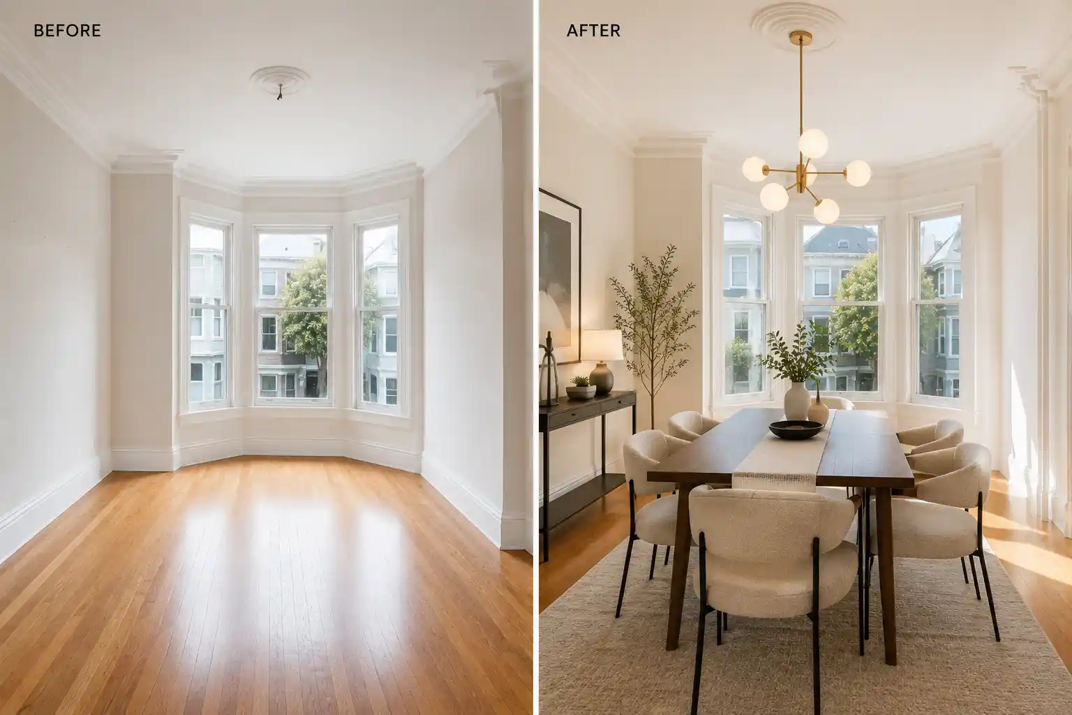 A side-by-side visual comparison of the same San Francisco dining room before and after staging, showing the transformative effect of furniture and styling choices.