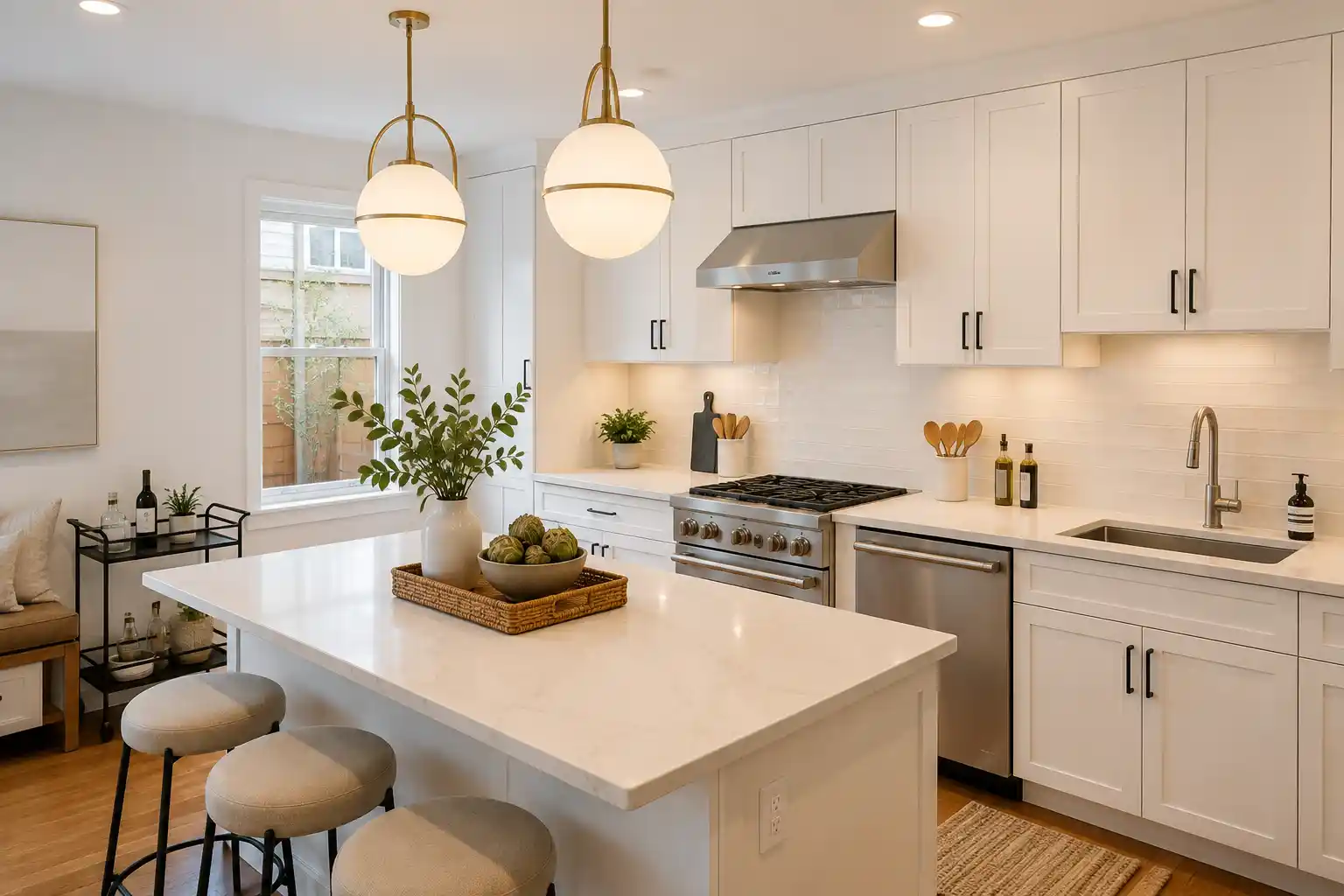 A staged San Francisco kitchen with clean countertops, styled accessories, and warm lighting, showing how even a small kitchen can photograph beautifully with the right staging.