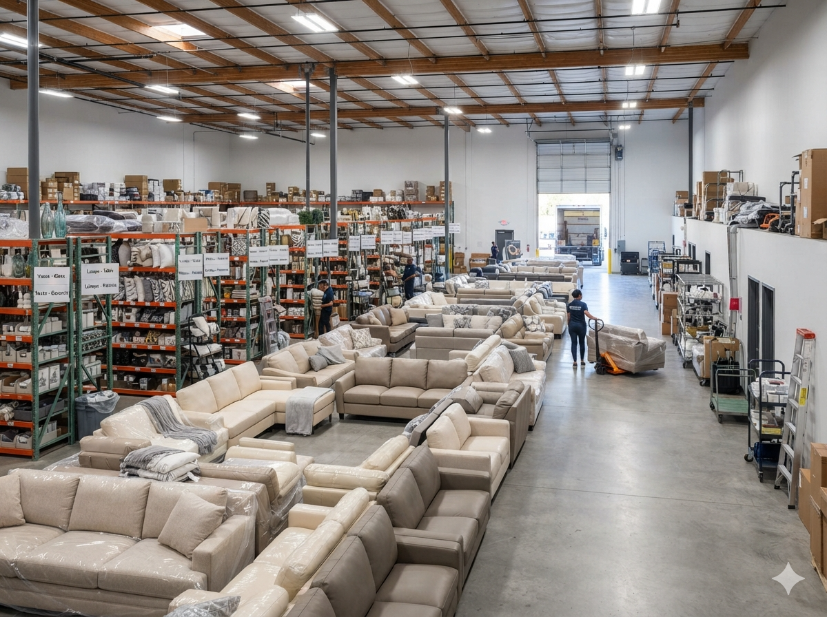 A staging company warehouse showing neatly organized furniture inventory, including sofas, tables, and decor items stacked in rows.