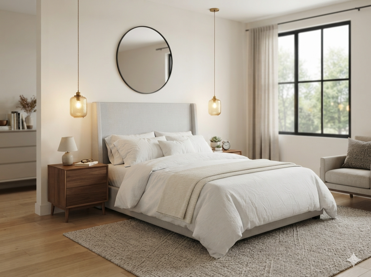 A side-by-side comparison of an empty, stark bedroom versus the same room professionally staged with furniture, bedding, and soft lighting