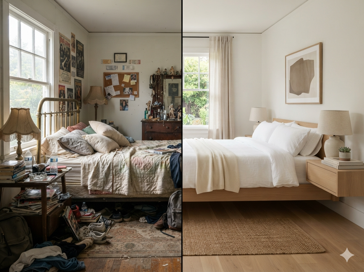 A before-and-after split image of a Berkeley bedroom showing a cluttered, personal space transformed into a clean, hotel-like staged environment.