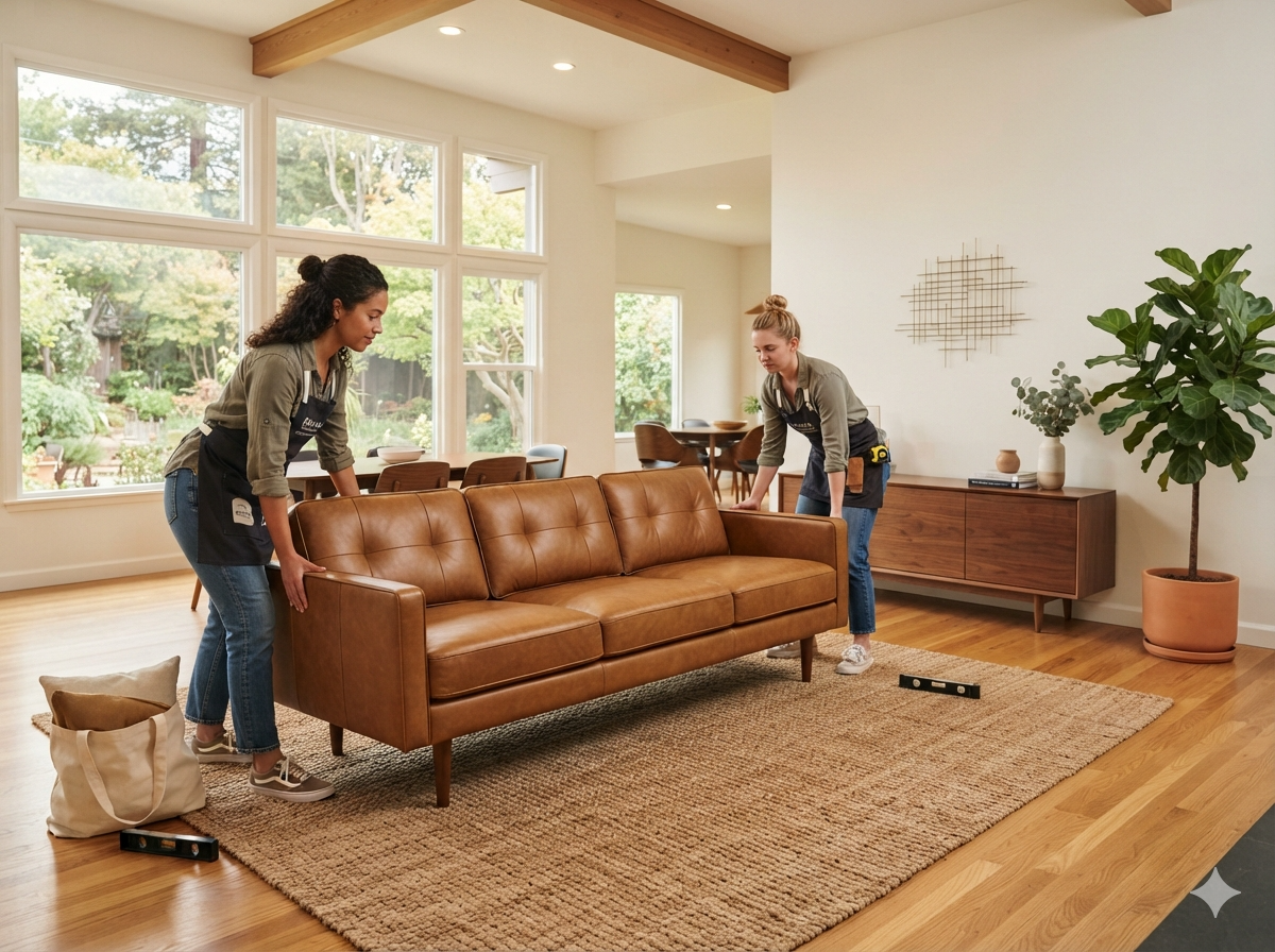 A professional staging team arranging curated furniture pieces in a bright, open-plan Berkeley home to illustrate the hands-on service process.