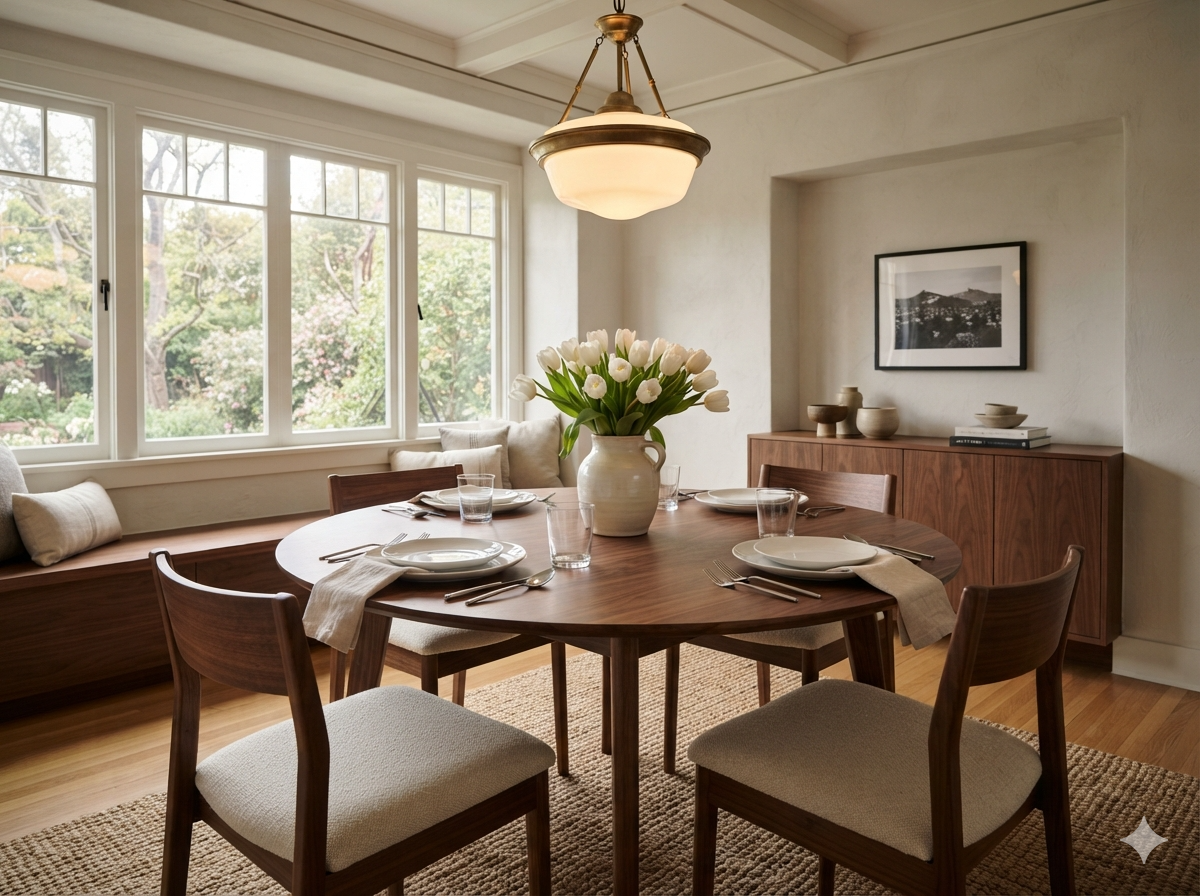 A beautifully staged Berkeley dining room with a set table and fresh flowers photographed from a low angle to show scale and warmth.