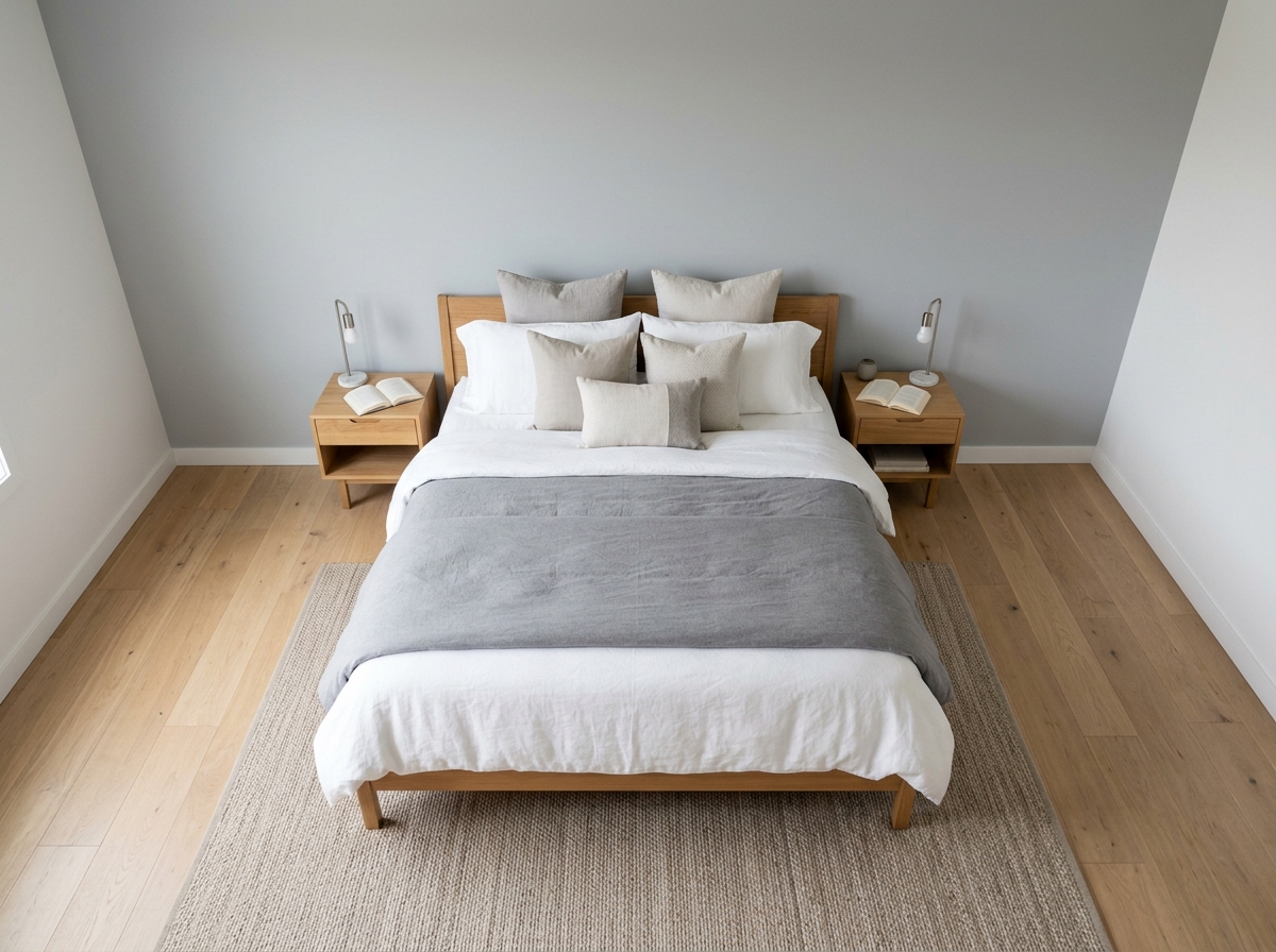 An overhead floor plan diagram showing optimal furniture arrangement for a master bedroom, with the bed centered on the focal wall and clear pathways around the sides.