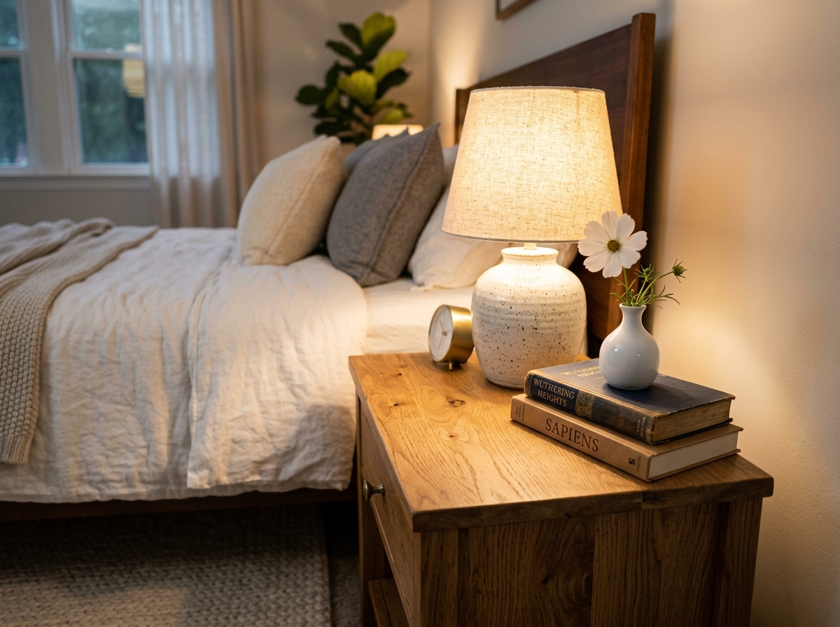 A master bedroom nightstand with a glowing table lamp, a small stack of books, and a single white flower in a slim vase, showing warm ambient lighting.