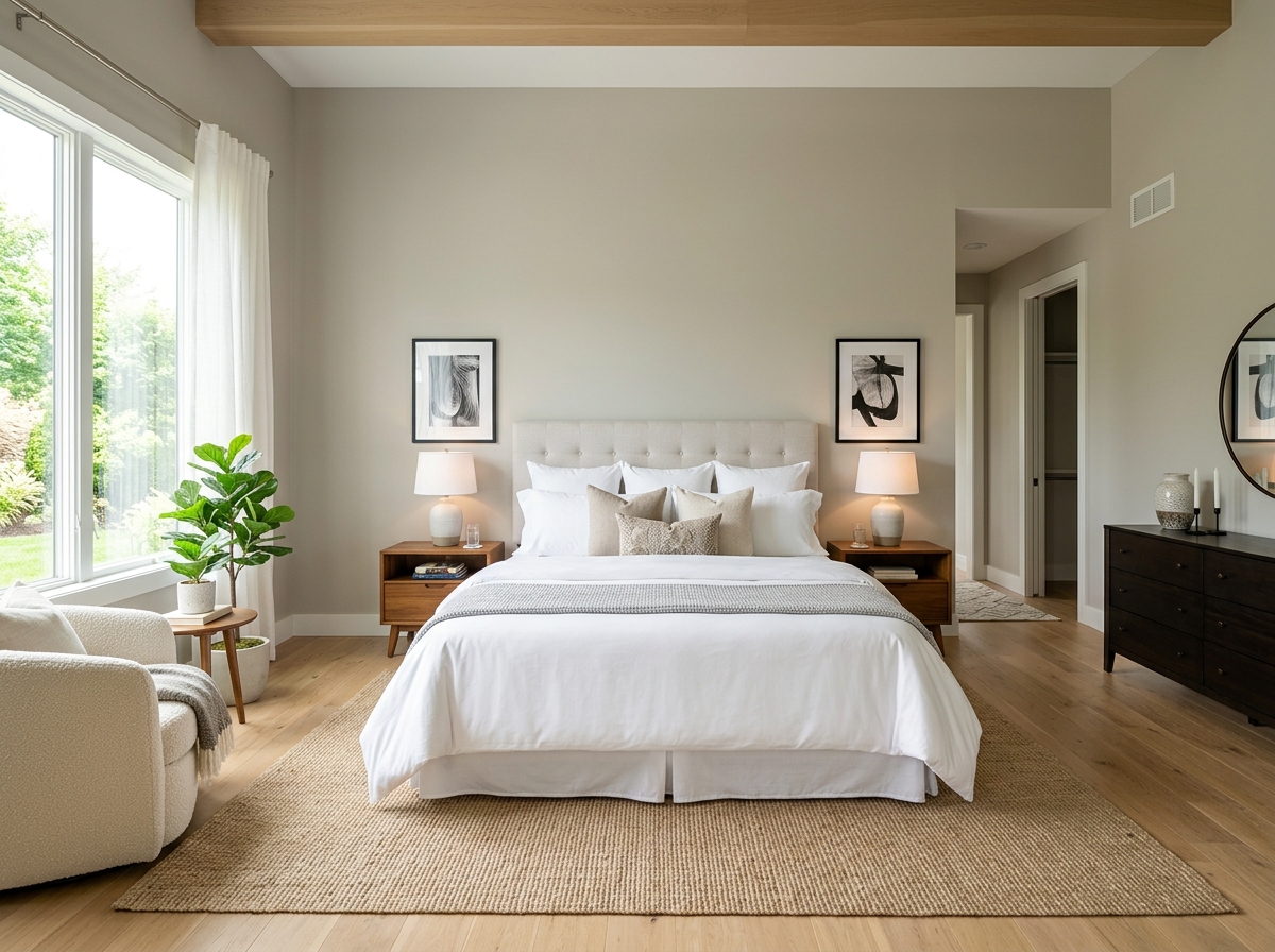 A side-by-side staging comparison of the same master bedroom before and after, showing the impact of decluttering, new bedding, and better lighting.