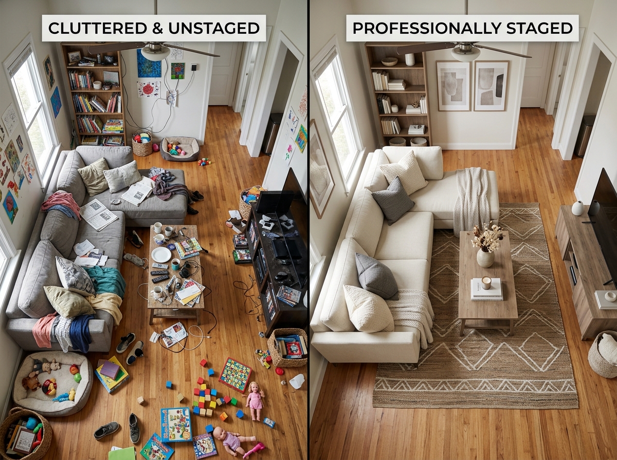 A side-by-side comparison of an unstaged and staged living room in the same home, showing the impact of furniture arrangement and decor.