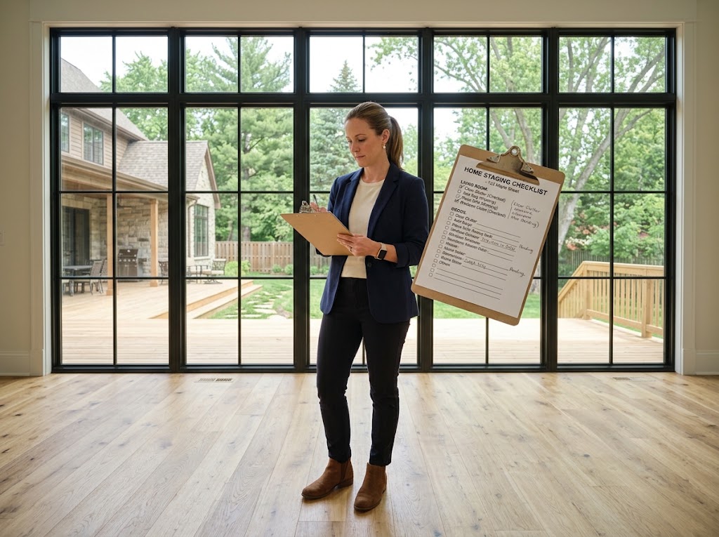 A professional stager reviewing a staging checklist in a vacant home with empty rooms visible in the background.