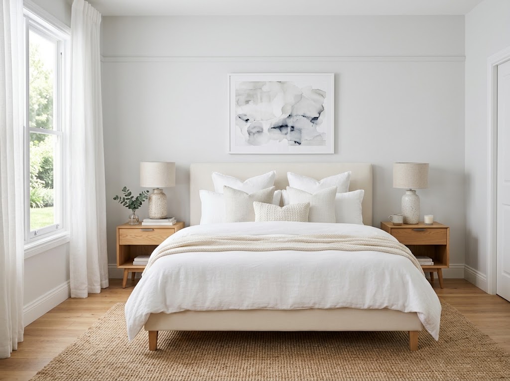 A fully staged vacant master bedroom with rental furniture, including a plush upholstered headboard and layered bedding, photographed for an MLS listing.