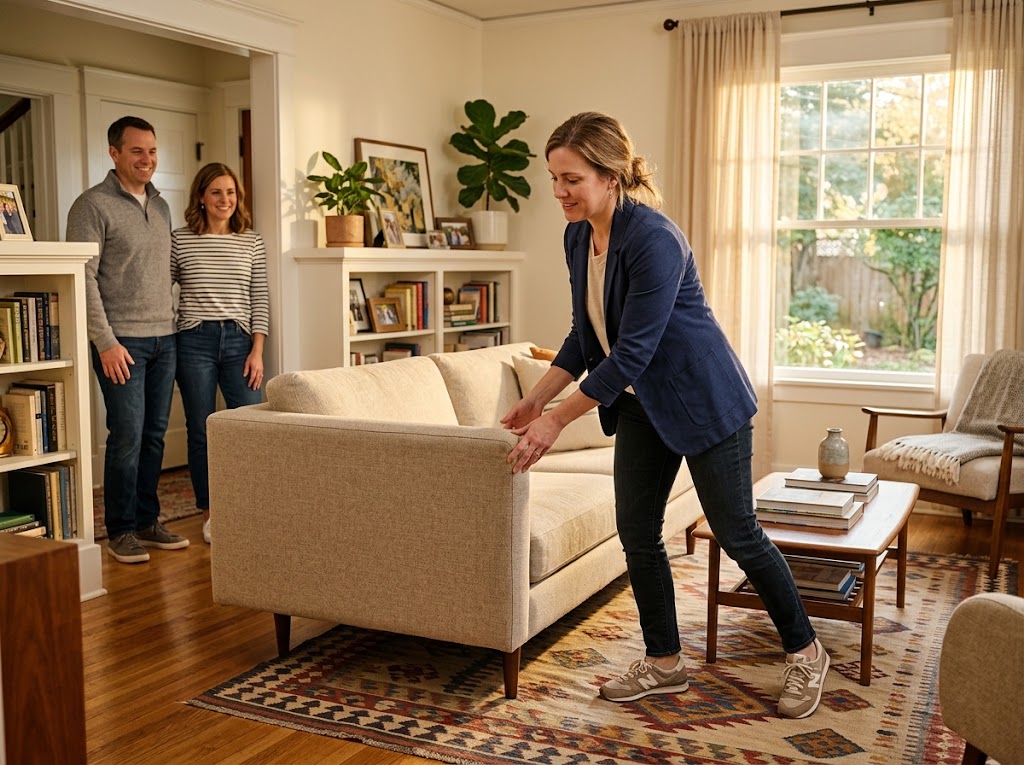 A professional home stager rearranging furniture in a lived-in family room, working alongside the homeowners, with natural light coming through large windows