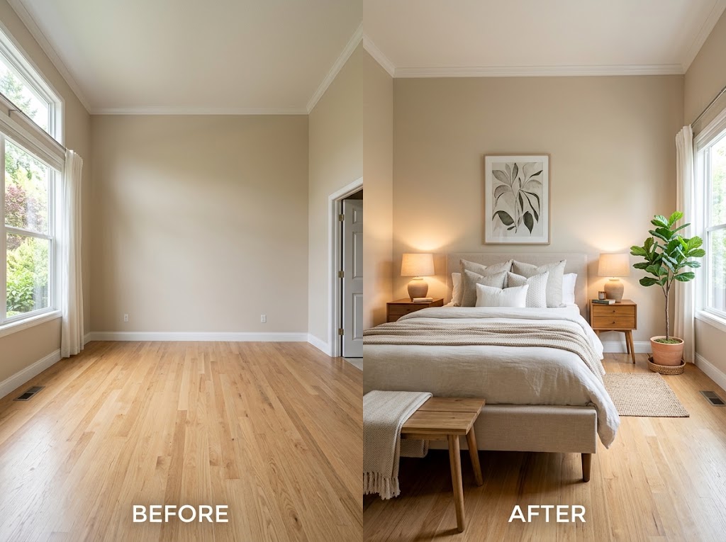 An empty bedroom with bare walls and a polished hardwood floor compared to the same room fully staged with a bed, nightstands, and soft lighting to illustrate the vacant staging transformation.