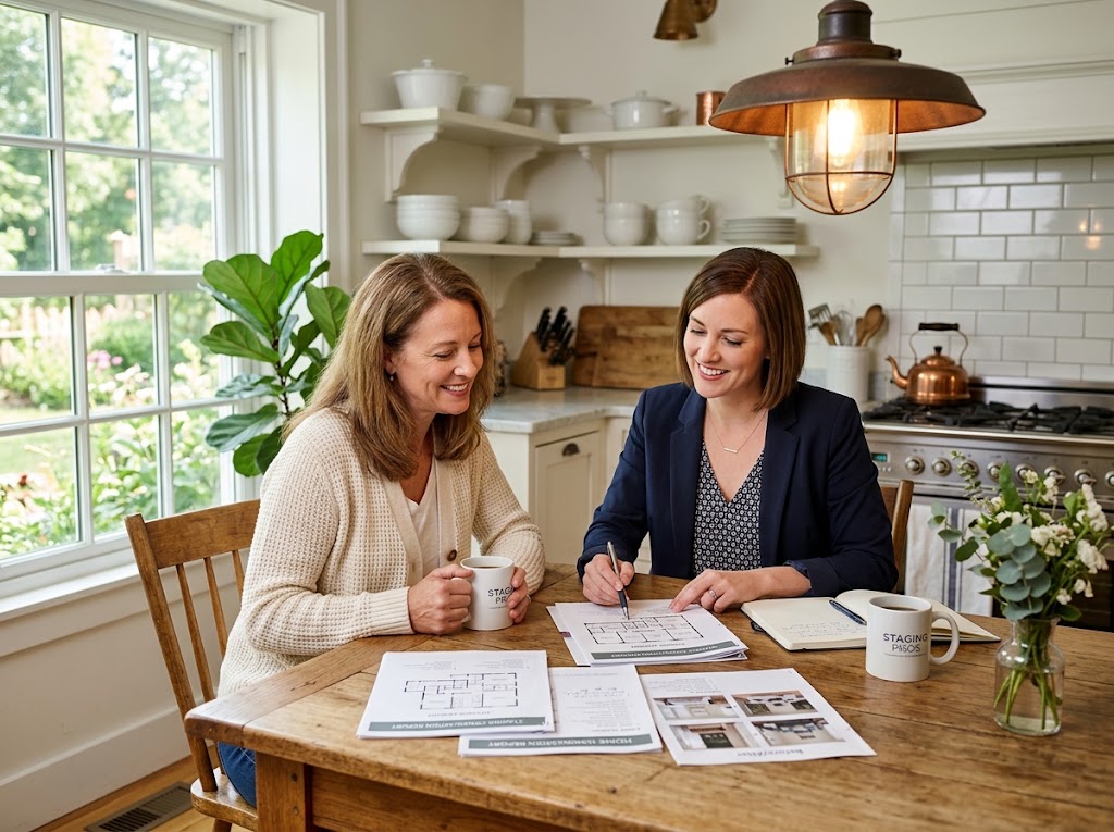 A homeowner sitting at a kitchen table reviewing a home staging proposal and cost estimate with a professional stager, warm kitchen lighting, documents on the table.