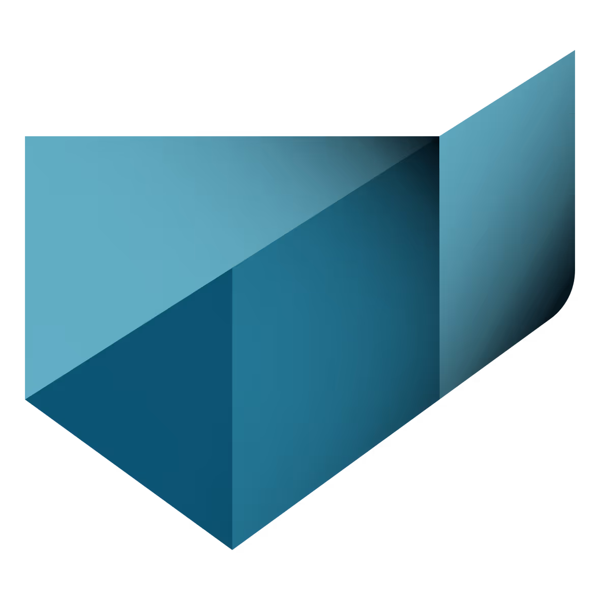 Three-dimensional geometric shape composed of three teal blue parallelograms arranged in an L-shape on a black background.