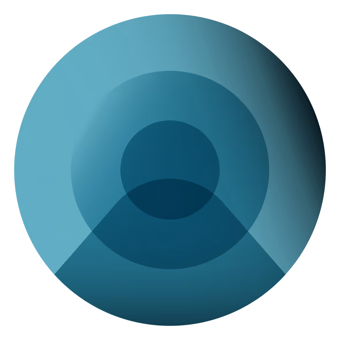 Abstract circular icon with overlapping blue-green geometric shapes creating a layered effect.