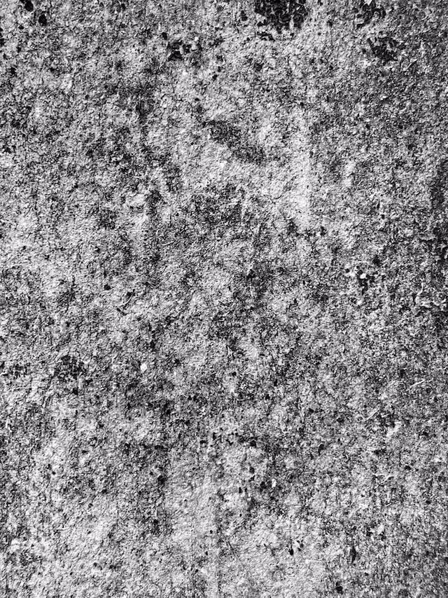Black and white photo of a rough stone surface with speckled textures.
