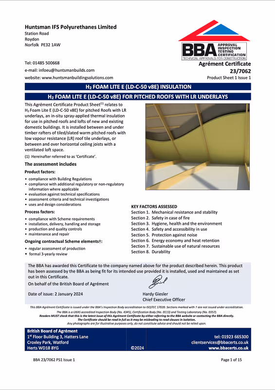 This is a product certificate document featuring text about insulation, with logos and contact information in an organized layout.