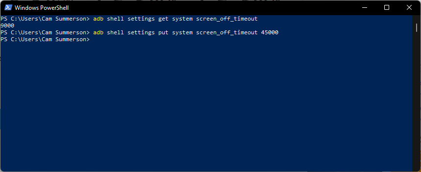 Windows PowerShell showing ADB