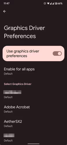 Screenshot of Graphics Driver Preferences in developer options