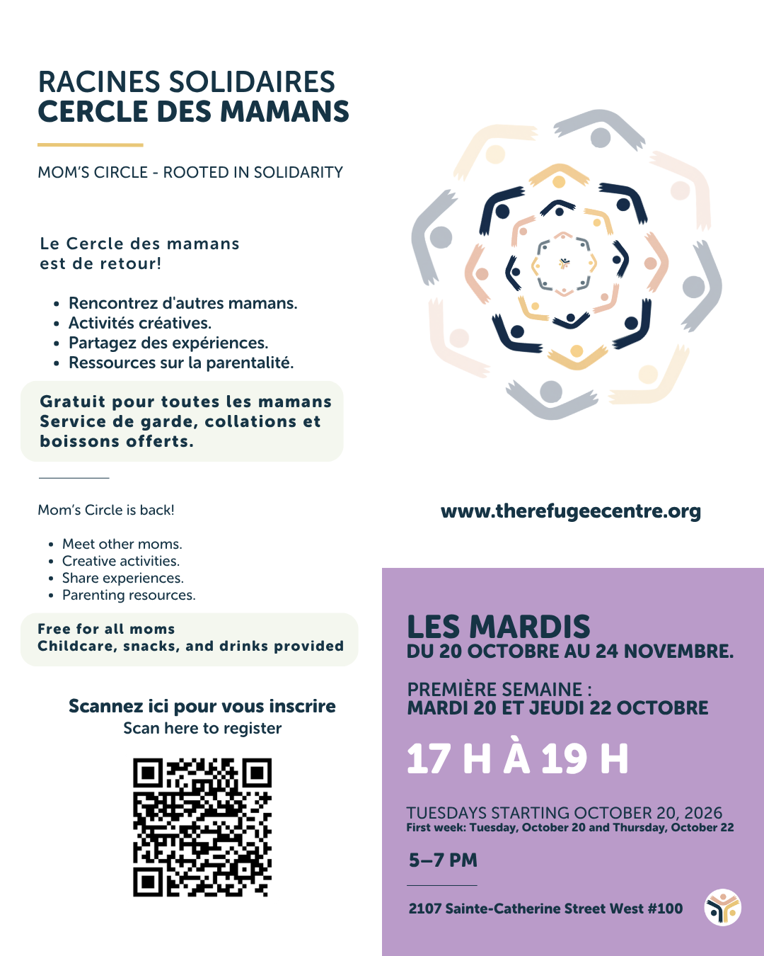 Mom’s Circle poster: free weekly gathering for moms, Tuesdays October 20 to November 24, 5:00 PM to 7:00 PM, The Refugee Centre