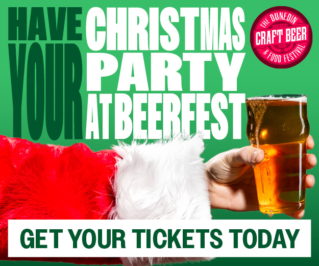 Santa's arm in a red and white fur coat holding a glass of beer on a green background with text inviting to have your Christmas party at Beerfest and a call to get your tickets today, including a Dunedin Craft Beer and Food Festival logo.