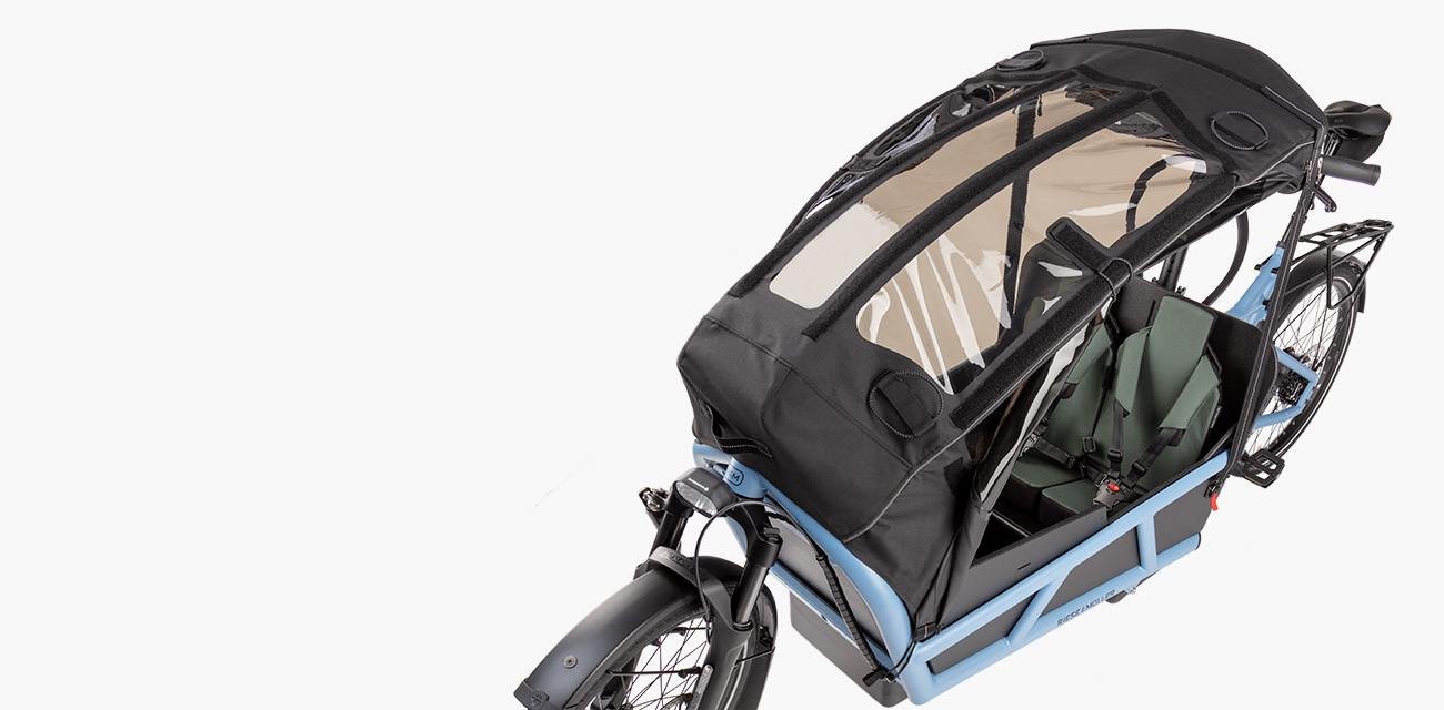 Bild von Riese und Müller Load 75 Vario mit Famliy Kit Plus, bei dem 3 Kindersitze, Regenverdeck und Gepäckträger enthalten sind.