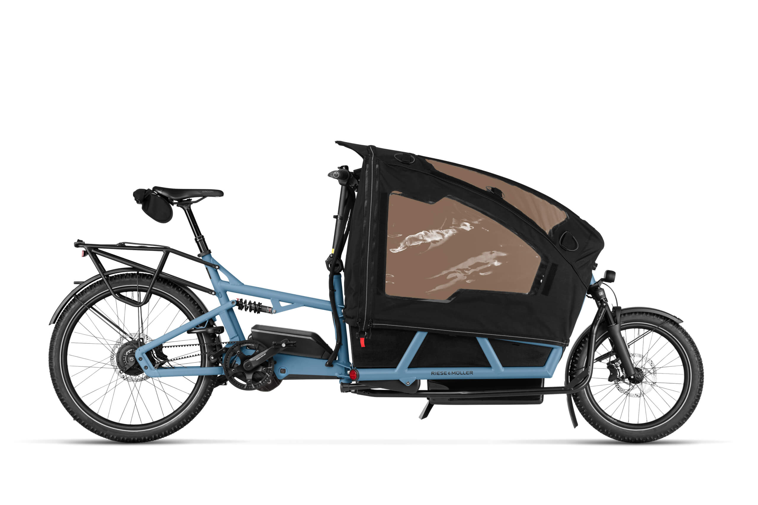 Bild von Riese & Müller Load 5 75 E-Lastenrad mit Family Kit Plus, Regenverdeck und Gepäckträger.