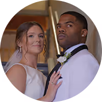 Close-up of a couple with eyes closed, touching foreheads and wearing wedding rings.