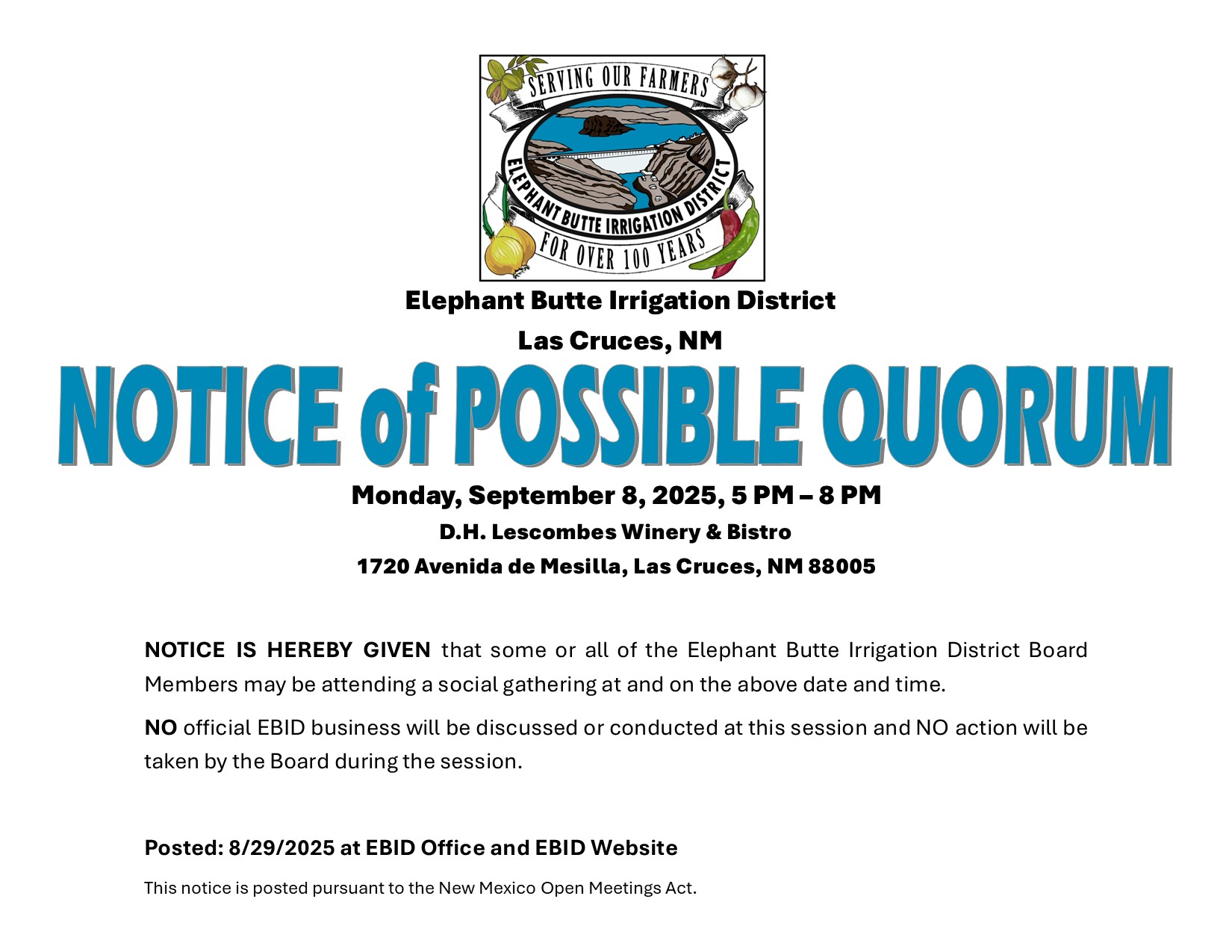 Notice of Possible Quorum on 9/8/25 at DH Les Combes Winery and Bistro
