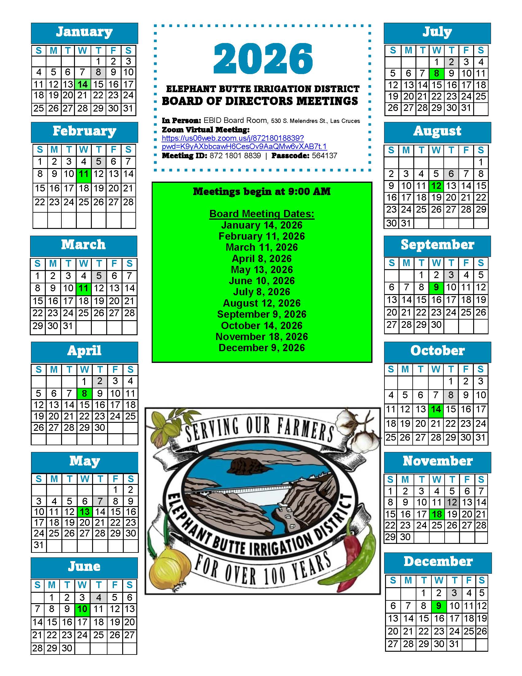 2026 calendar of EBID Board Meetings with virtual sign in information