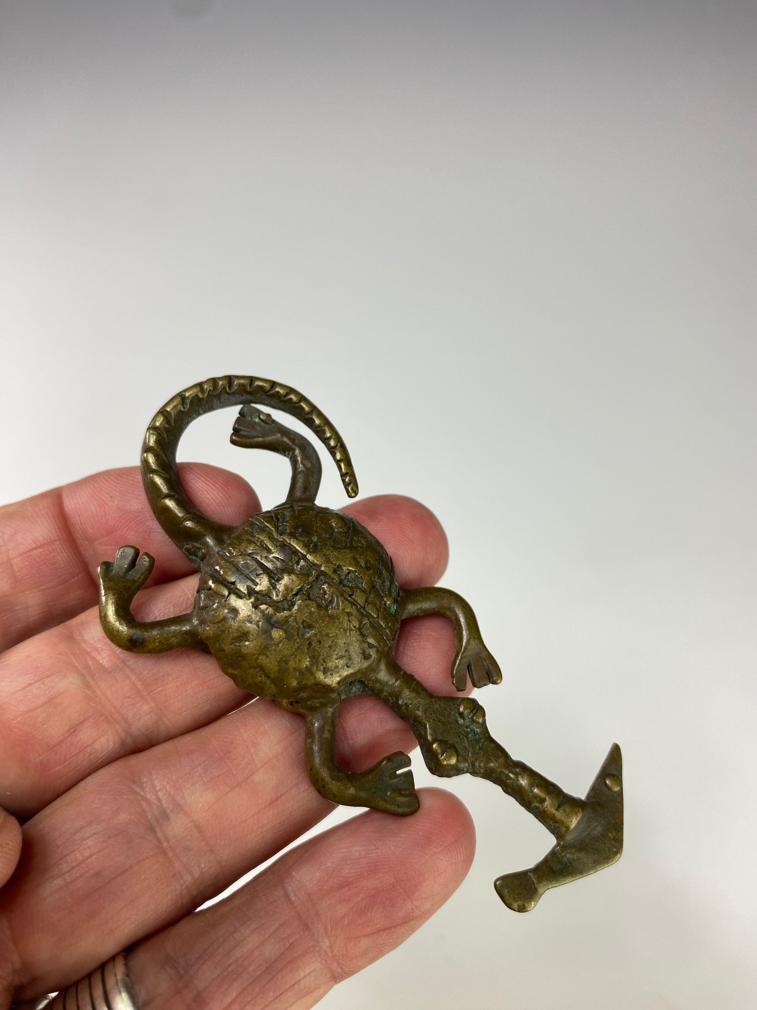 BEAUTIFUL GOLD WEIGHT OF A CROCIDILE WITH FISH. AKAN, GHAHA
