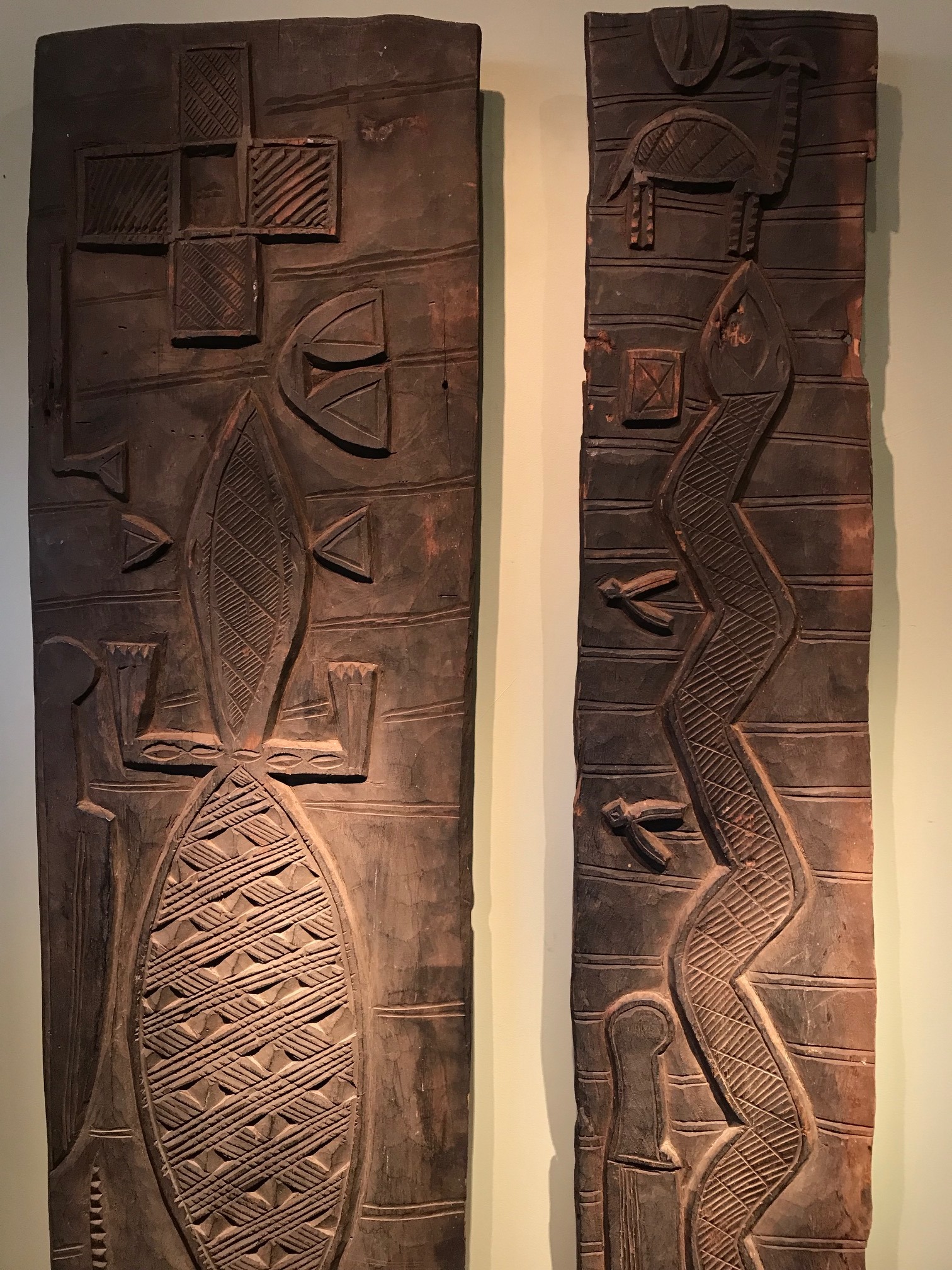 Pair of Early 20th Century Nupe Wooden Panels Decorated With Geometric and Animal Designs, Nigeria