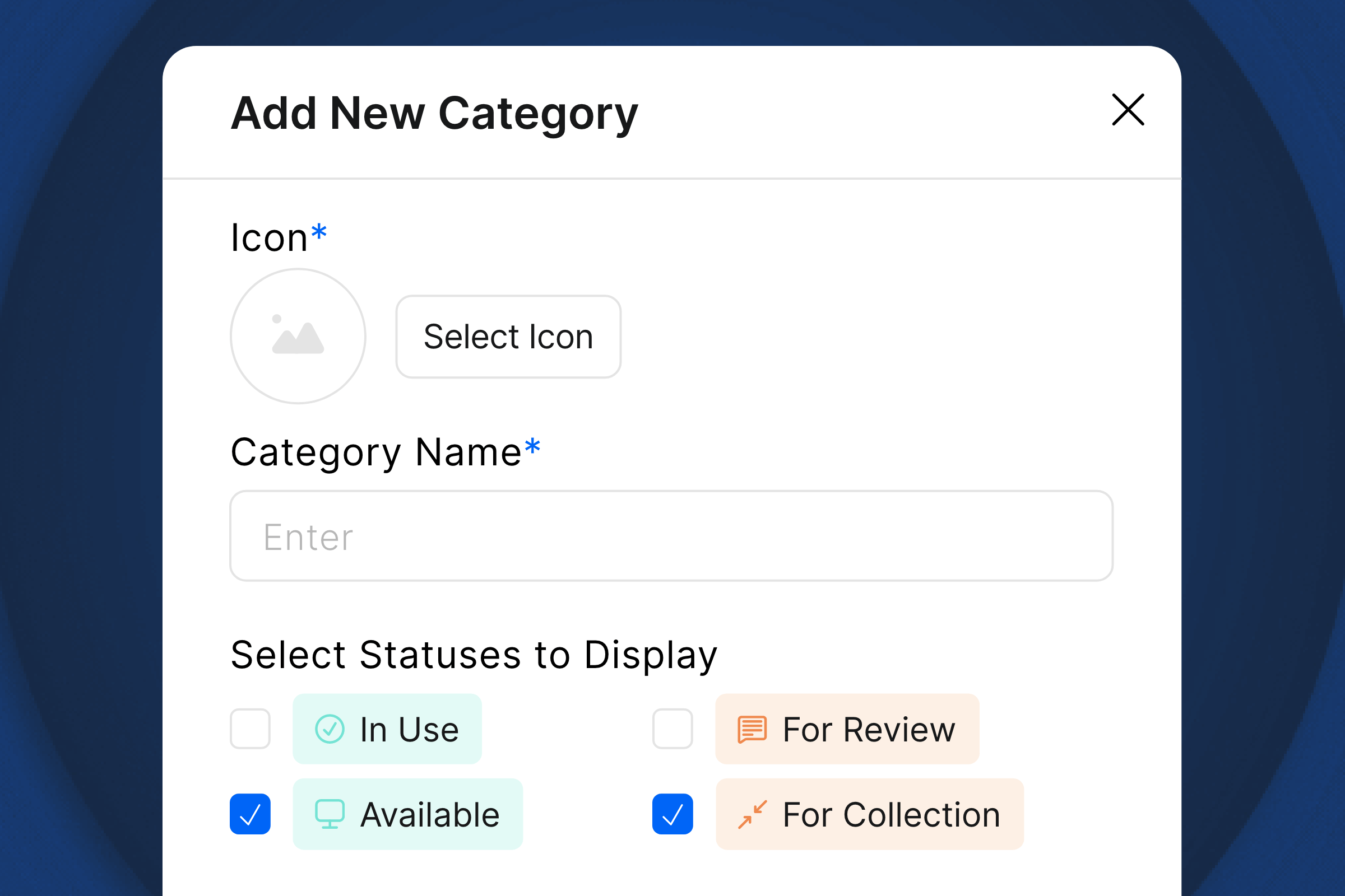 Add new Category feature on Setyl, showing fields to input Category icon and name, and a list of asset statuses to choose from.