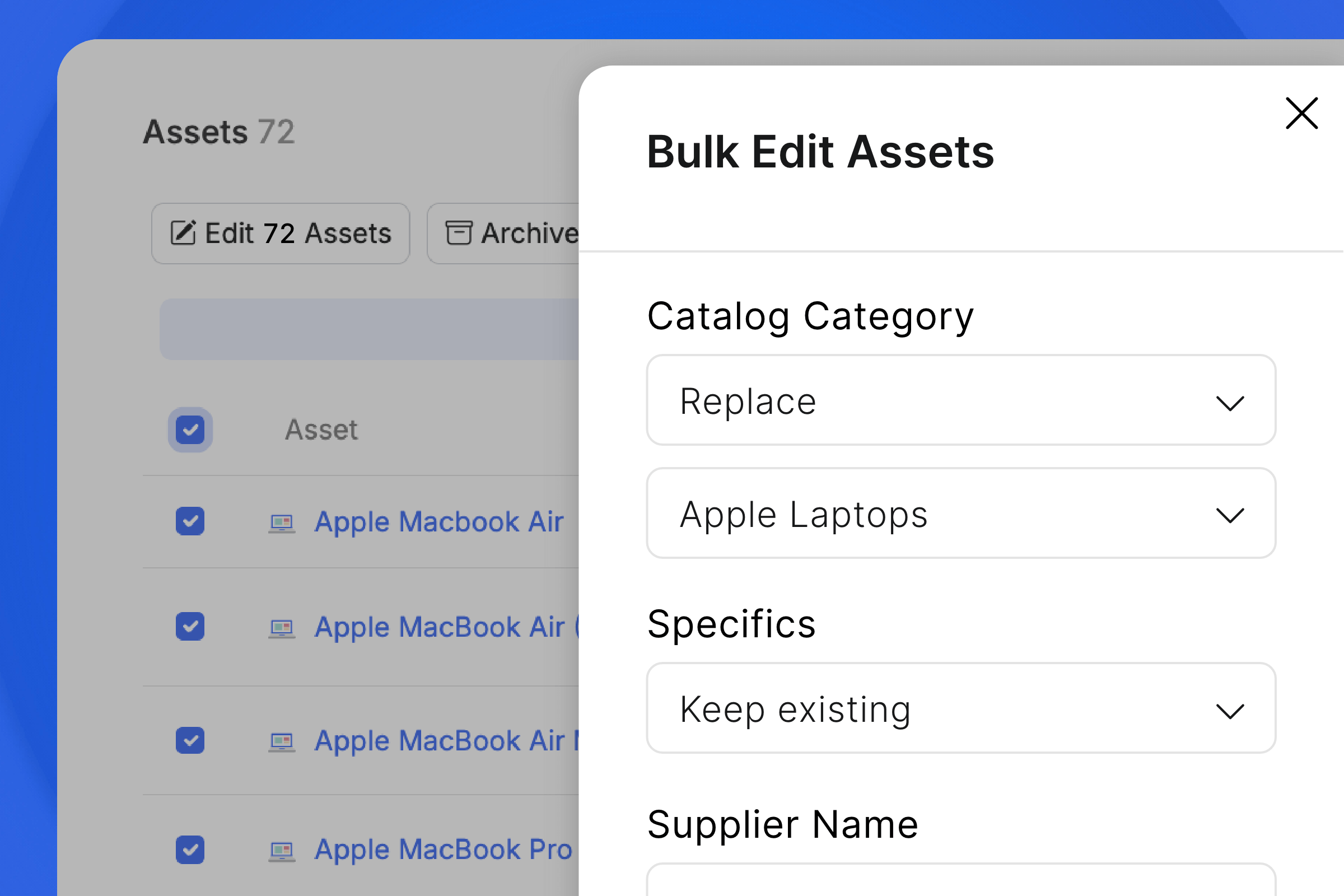 Screenshot of Setyl bulk asset edit functionality, with drop downs that allow users to replace asset information, including Catalog Category.