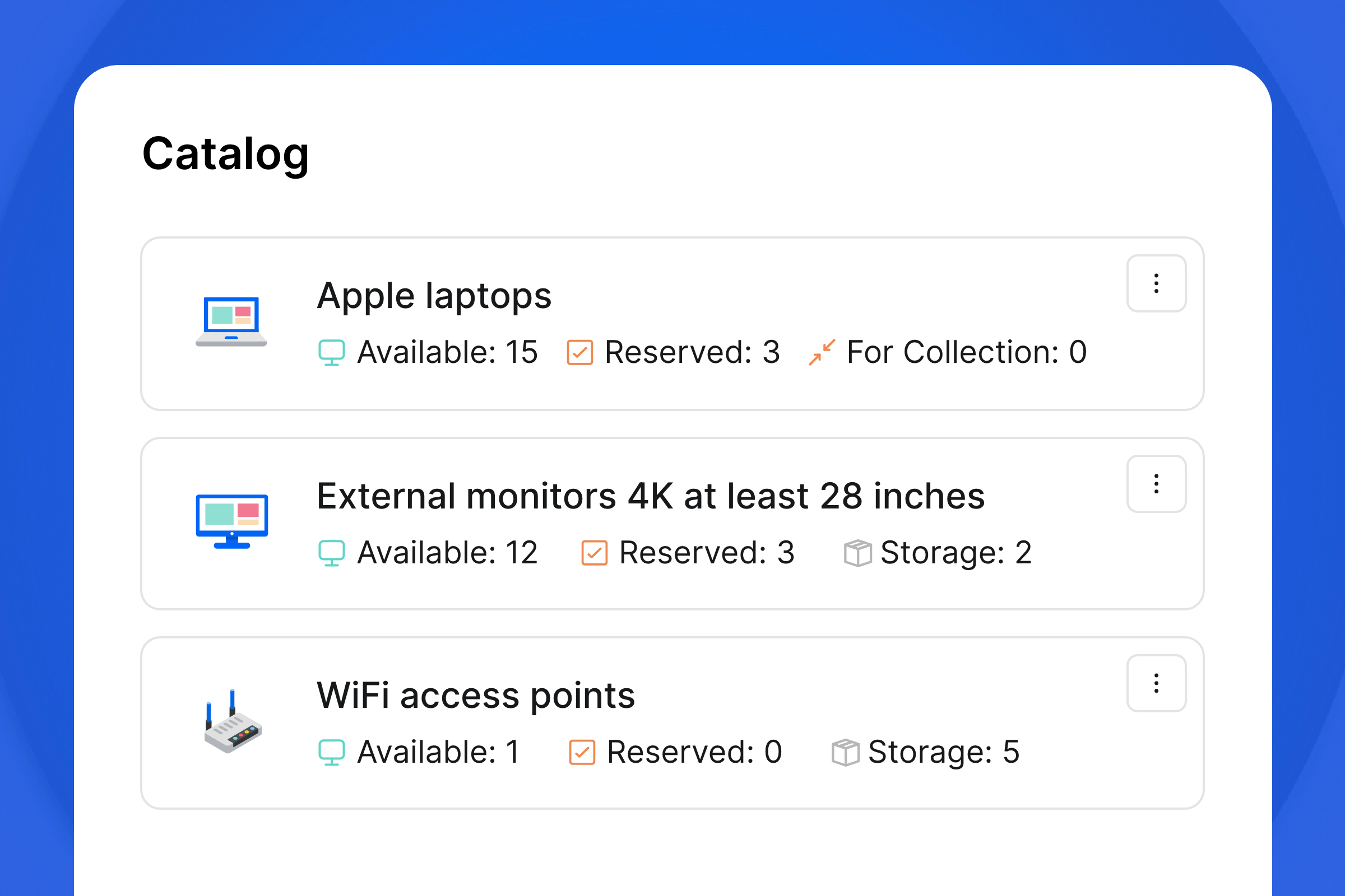 Example of Setyl's catalog feature, showing different categories, including Apple laptops, external monitors and WiFi access points alongside inventory levels.