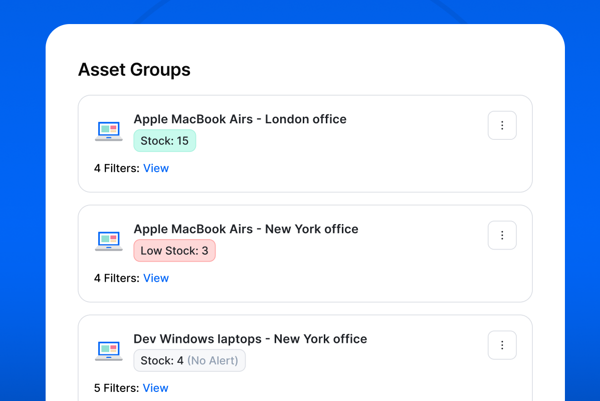 Example Asset Groups, including Apple MacBook Airs in London office, and Dev Windows laptops in New York office, helping IT teams improve IT inventory management.